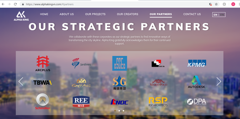Không ít tập đoàn mà ông Wang Weixin từng đến thảo luận hợp tác xuất hiện trong danh sách đối tác chiến lược của Alpha King. (Ảnh chụp màn hình website www.alphakingvn.com) Không ít tập đoàn mà ông Wang Weixin từng đến thảo luận hợp tác xuất hiện trong danh sách đối tác chiến lược của Alpha King. (Ảnh chụp màn hình website www.alphakingvn.com)