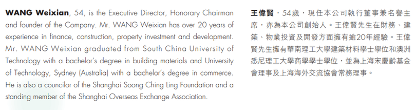 Thuyết minh về ông Wang Weixian trong Báo cáo thường niên năm 2017 của Greenland Hong Kong Holdings Limited. Thuyết minh về ông Wang Weixian trong Báo cáo thường niên năm 2017 của Greenland Hong Kong Holdings Limited.