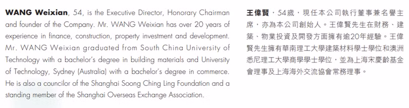 Thuyết minh về ông Wang Weixian trong Báo cáo thường niên năm 2017 của Greenland Hong Kong Holdings Limited.