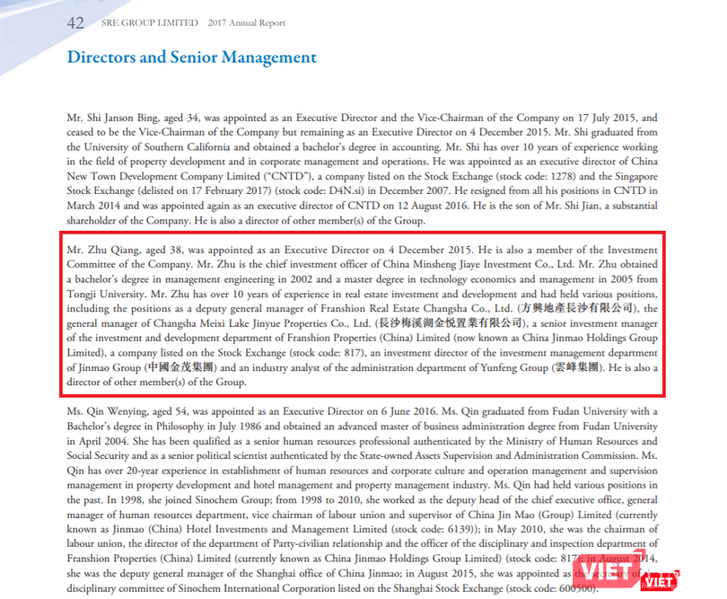 Thuyết minh về ông Zhu Qiang trong Báo cáo thường niên 2017 của SRE Group Limited.
