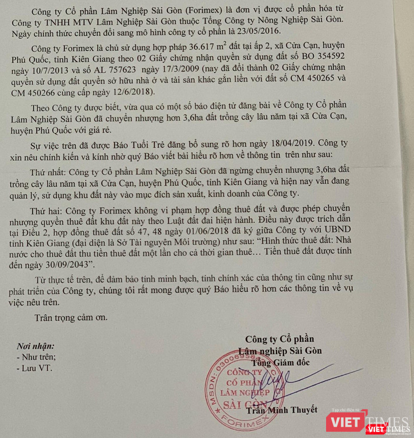Trích công văn Forimex gửi tới VietTimes.