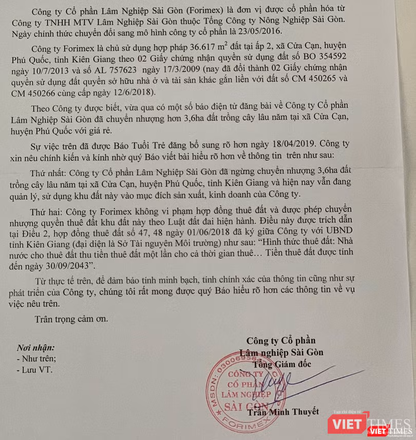 Trích công văn Forimex gửi tới VietTimes.