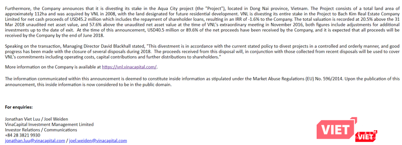 Công bố chuyển nhượng dự án Aqua City của VNL. (Ảnh chụp màn hình)