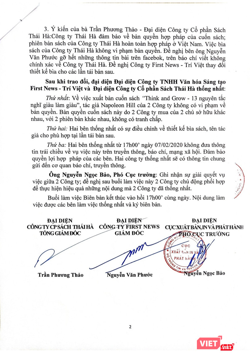 Một phần Biên bản cuộc họp tại Cục Xuất bản, in và phát hành đã được bà Trần Phương Thảo, ông Nguyễn Văn Phước đồng thuận ký