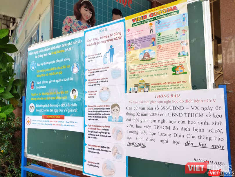 Thông báo của Trường tiểu học Lương Định Của (Quận 3) cho học sinh nghỉ hết ngày 16/2, đồng thời hướng dẫn phòng tránh virus Corona 