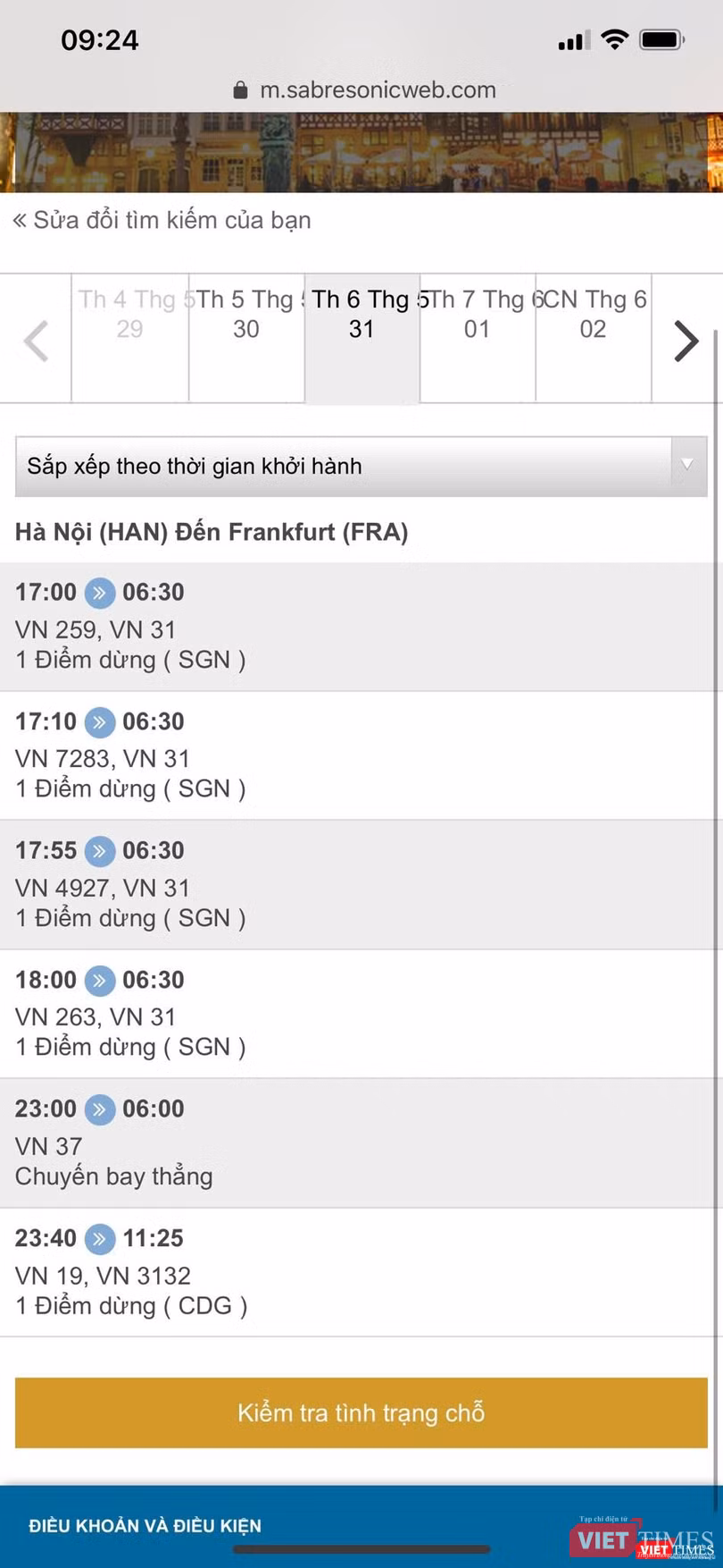 Ảnh chụp màn hình website của VNA.