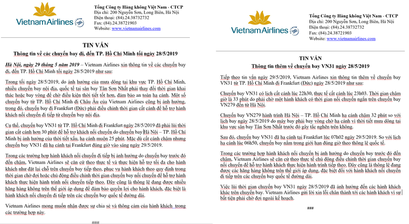 Có một số khác biệt nhỏ tại 2 thông cáo mà VNA gửi đi vào ngày hôm qua và hôm nay.