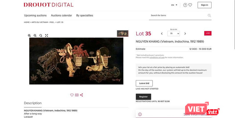 Tranh giả mạo danh Nguyễn Khang khiến gia đình họa sĩ bức xúc (Ảnh trên trang cá nhân của họa sĩ Nguyễn Quế Hương chụp lại màn hình của nhà đấu giá Drouot, Pháp, đơn vị phối hợp thực hiện đấu giá online cùng với PI Aution House) Tranh giả mạo danh Nguyễn Khang khiến gia đình họa sĩ bức xúc (Ảnh trên trang cá nhân của họa sĩ Nguyễn Quế Hương chụp lại màn hình của nhà đấu giá