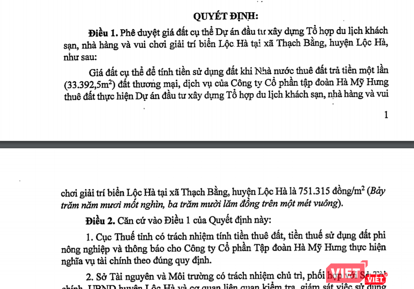 Trích Quyết định về việc phê duyệt giá đất cụ thể Dự án đầu tư xây dựng Tổ hợp du lịch khách sạn, nhà hàng và vui chơi giải trí biển Lộc Hà.