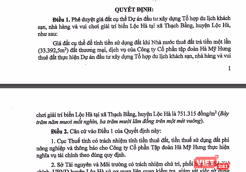 Trích Quyết định về việc phê duyệt giá đất cụ thể Dự án đầu tư xây dựng Tổ hợp du lịch khách sạn, nhà hàng và vui chơi giải trí biển Lộc Hà.
