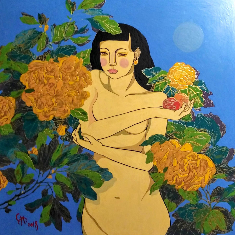 Trái cấm (sơn mài, 80x80) của họa sĩ Lê Anh Cẩn