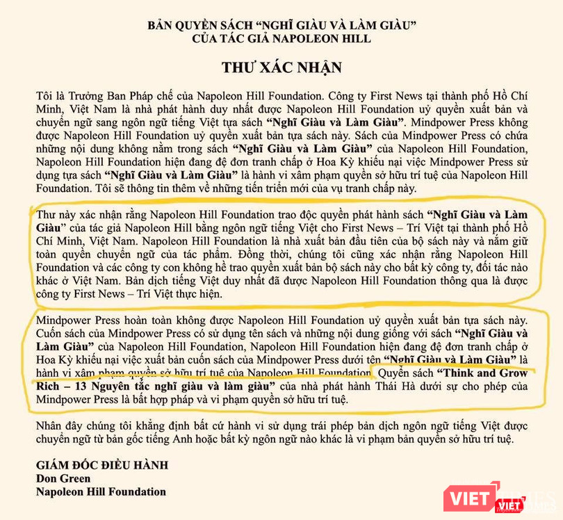 Thư xác nhận của tổ chức Napoleon Hill bản tiếng Việt