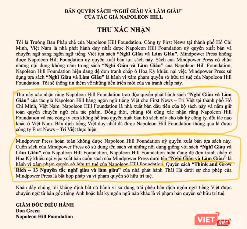 Thư xác nhận của tổ chức Napoleon Hill bản tiếng Việt