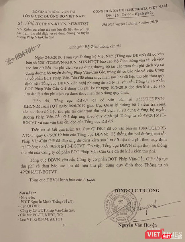 Công văn hỏa tốc mà Tổng cục Đường bộ gửi cho Bộ Giao thông Vận tải vào hôm nay 10/6/2019.