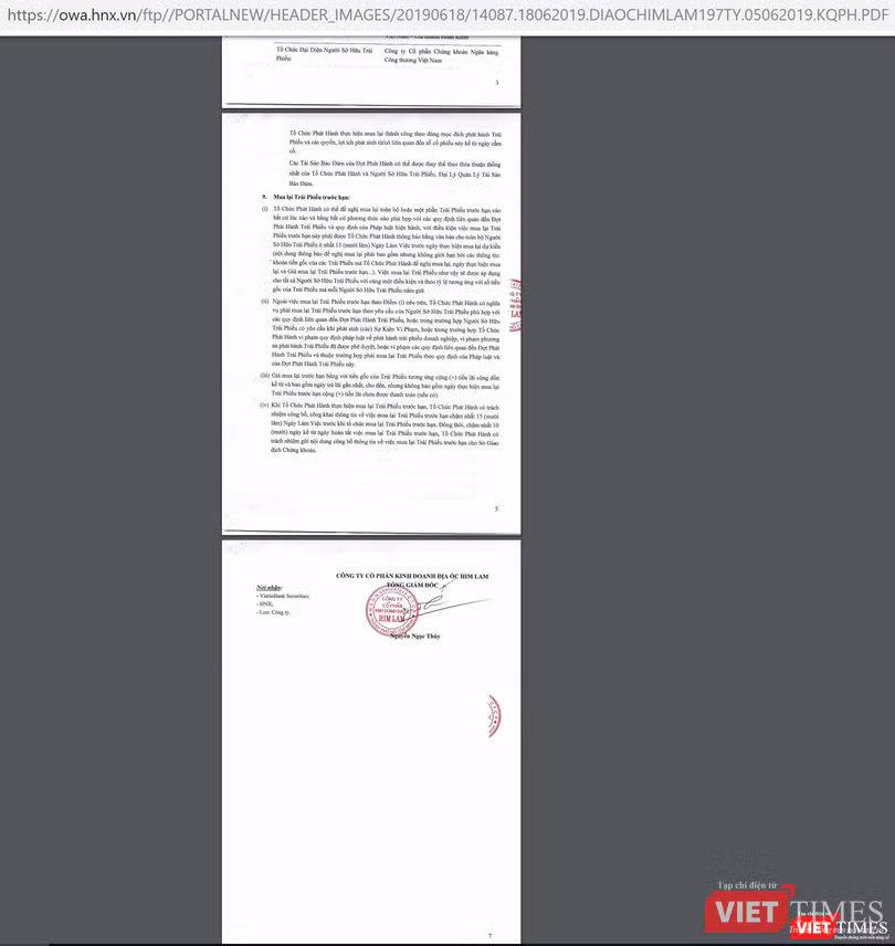 Bản công bố thông tin về đợt phát hành trái phiếu của Him Lam Land "bất ngờ" bị lạc mất 2 trang quan trọng. (ảnh chụp màn hình)