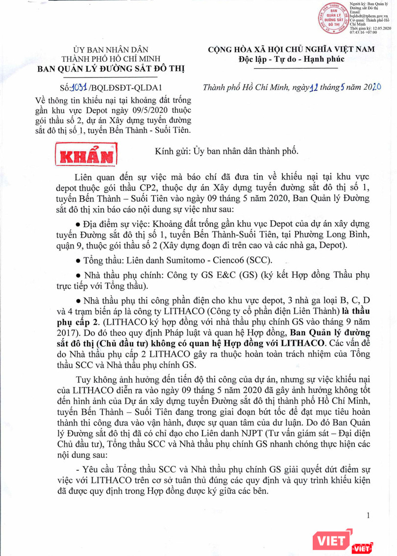 Toàn văn bản báo cáo khẩn về việc khiếu nại liên quan đến tuyến Metro số 1 