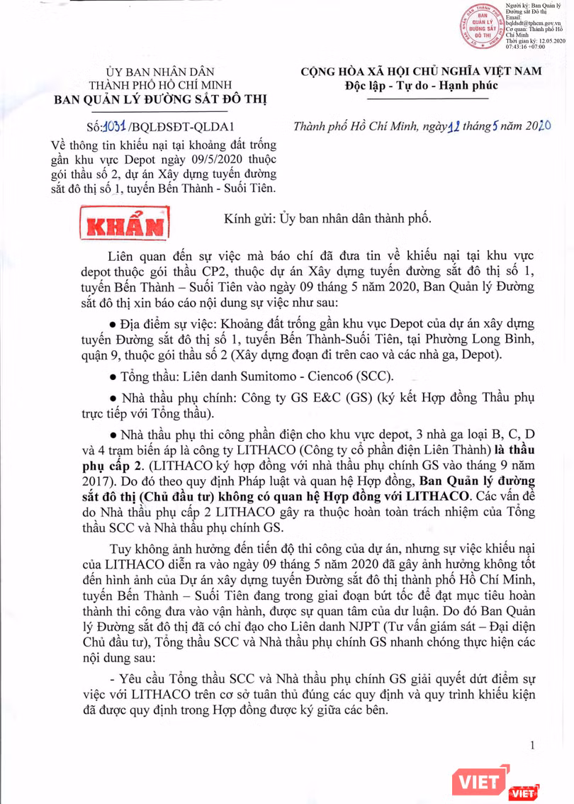 Toàn văn bản báo cáo khẩn về việc khiếu nại liên quan đến tuyến Metro số 1 Toàn văn bản báo cáo khẩn về việc khiếu nại liên quan đến tuyến Metro số 1