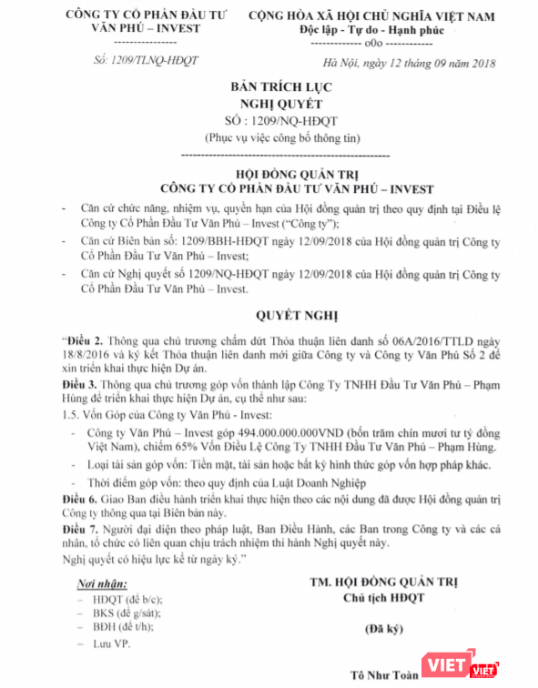 Bản trích lục Nghị quyết số 1209/NQ-HĐQT của VPI. Bản trích lục Nghị quyết số 1209/NQ-HĐQT của VPI.