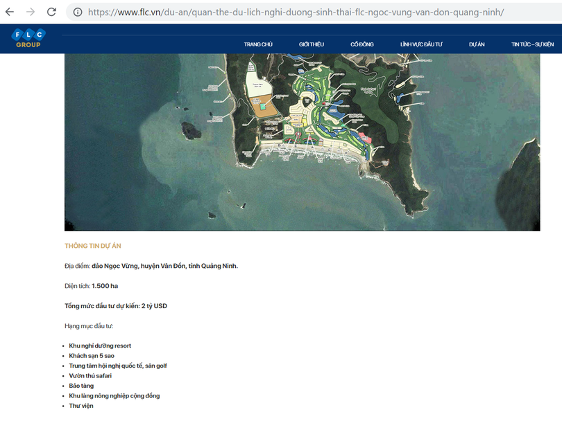 Công bố sơ thảo về dự án “Quần thể nghĩ dưỡng sinh thái FLC Ngọc Vừng, Vân Đồn, Quảng Ninh” của FLC trên website tập đoàn. (Ảnh chụp màn hình) Công bố sơ thảo về dự án “Quần thể nghĩ dưỡng sinh thái FLC Ngọc Vừng, Vân Đồn, Quảng Ninh” của FLC trên website tập đoàn. (Ảnh chụp màn hình)