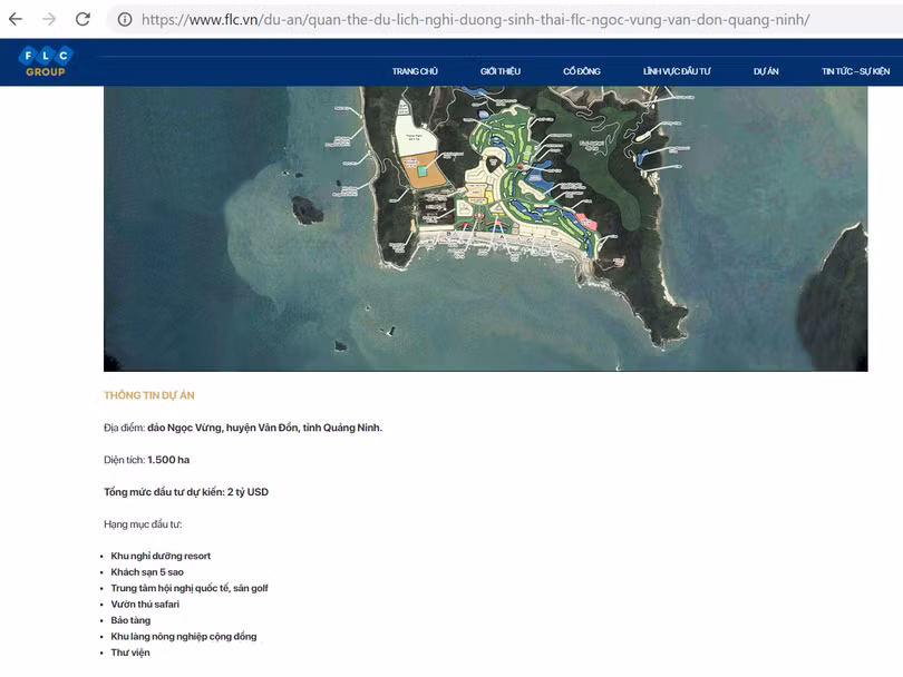 Công bố sơ thảo về dự án “Quần thể nghĩ dưỡng sinh thái FLC Ngọc Vừng, Vân Đồn, Quảng Ninh” của FLC trên website tập đoàn. (Ảnh chụp màn hình)