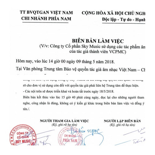 Biên bản làm việc giữa VCPMC và Sky Music. Biên bản làm việc giữa VCPMC và Sky Music.