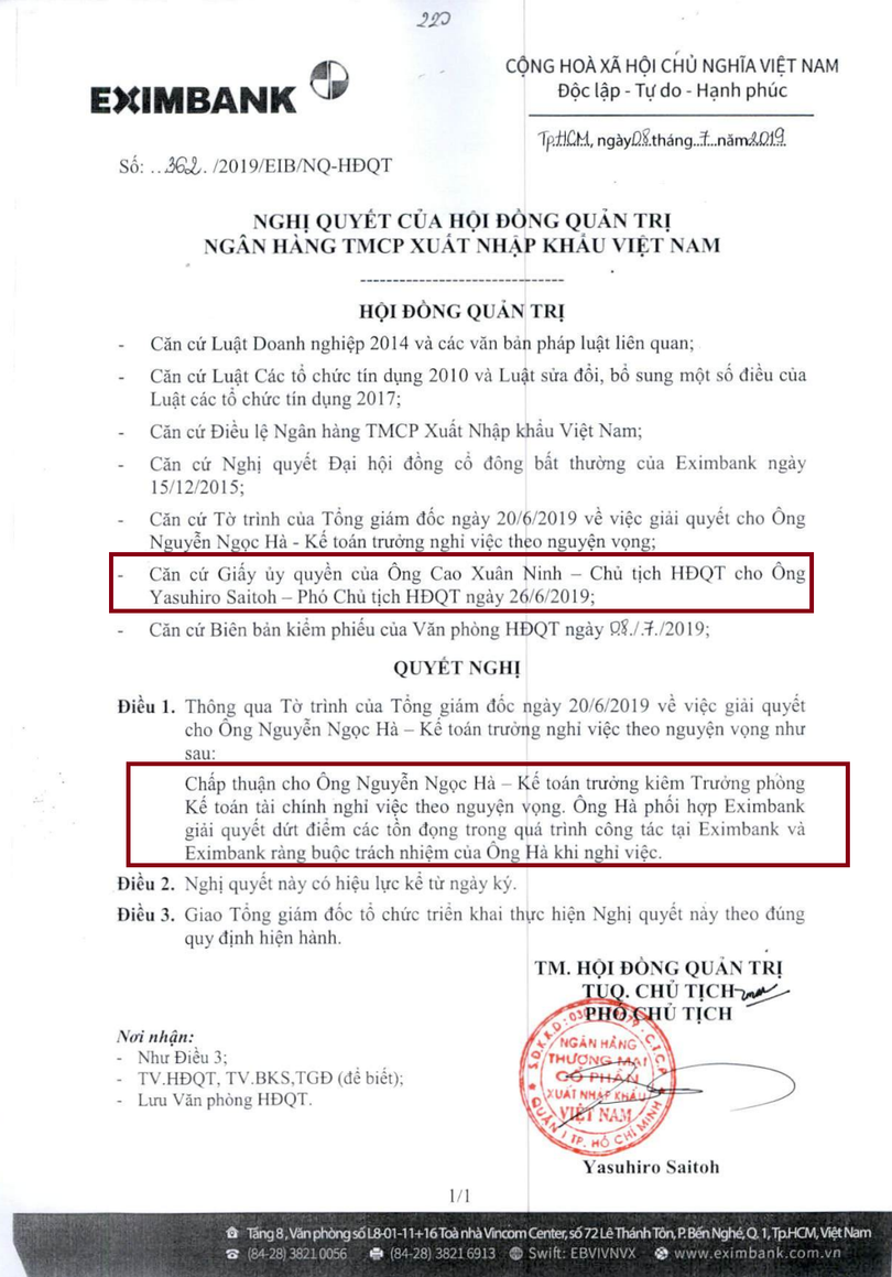 Nghị quyết số 362 vô tình hé lộ chi tiết ủy nhiệm của Chủ tịch Eximbank Cao Xuân Ninh cho Phó Chủ tịch Yasuhiro Saitoh. (Ảnh: Internet)