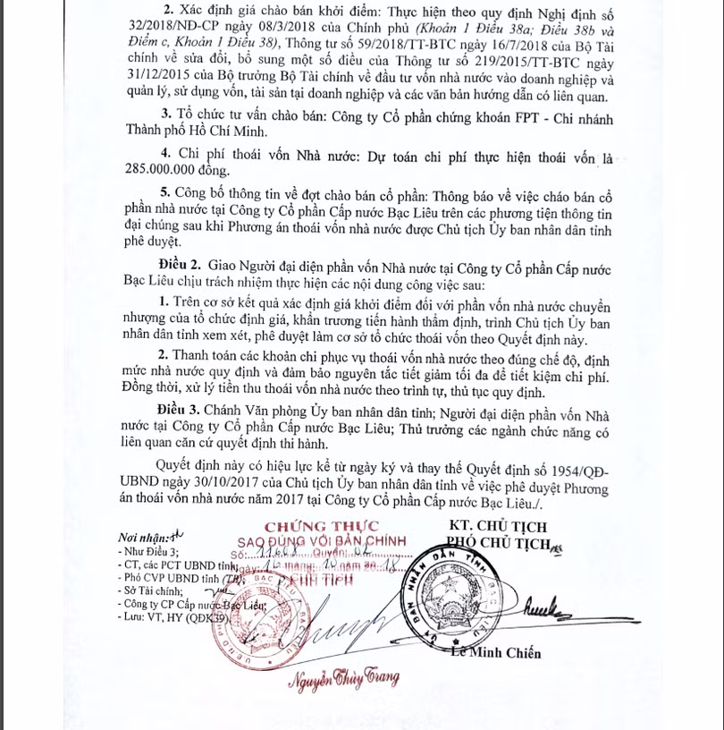 Quyết định phê duyệt phương án thoái vốn Bawaco của Chủ tịch UBND tỉnh Bạc Liêu được ký thay bởi Phó Chủ tịch Lê Minh Chiến.