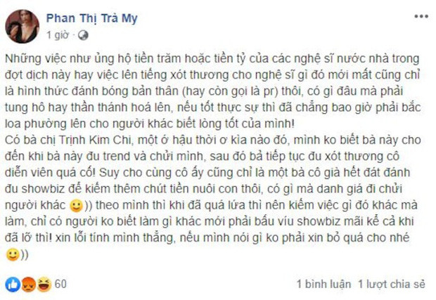 Nguyên văn status của Trà My (Chụp lại màn hình FBNV) 