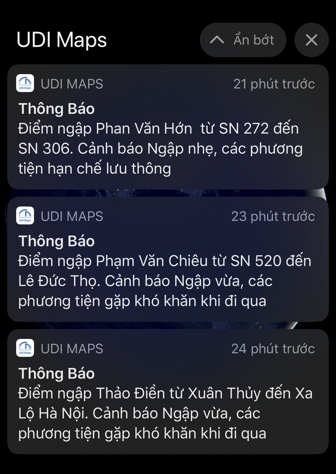 Thông báo điểm ngập của UDI Maps (Ảnh chụp màn hình) Thông báo điểm ngập của UDI Maps (Ảnh chụp màn hình)