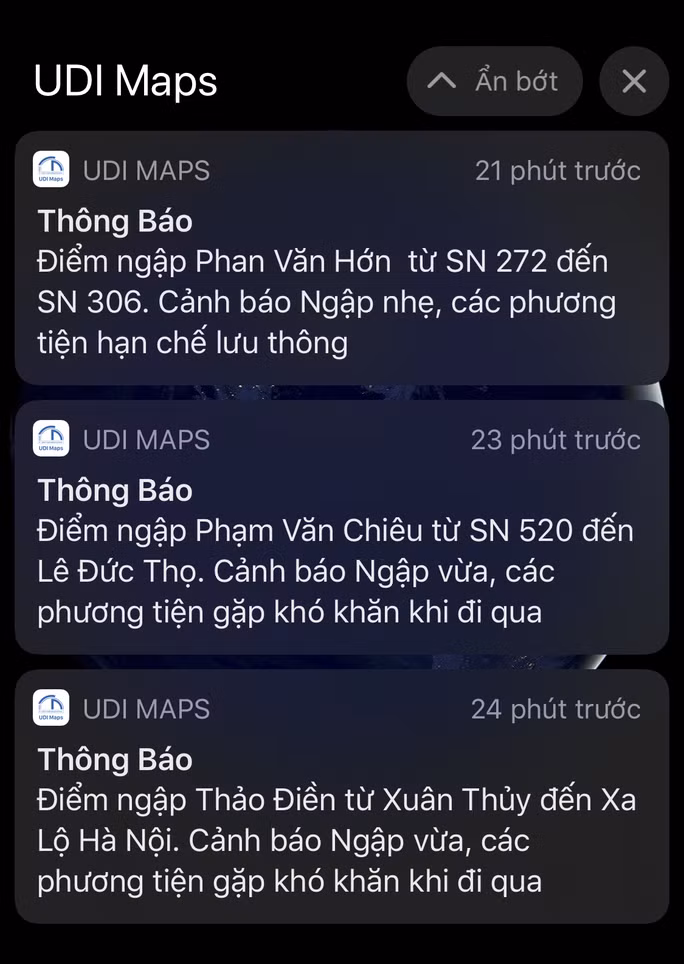 Thông báo điểm ngập của UDI Maps (Ảnh chụp màn hình)