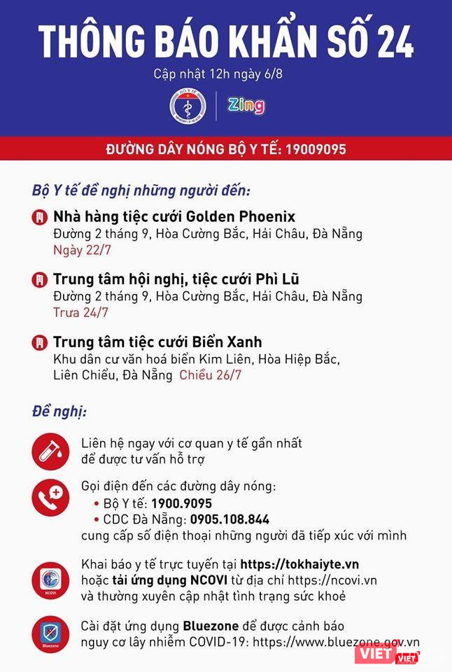 Thông báo khẩn số 24 tìm người đến 3 Trung tâm tiệc cưới (Ảnh: BYT) 