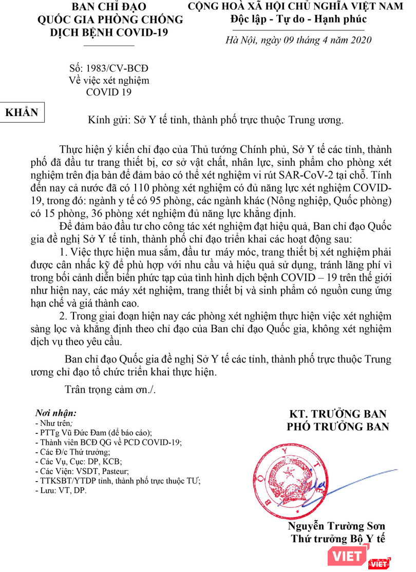 Công văn khẩn không cho phép xét nghiệm COVID theo yêu cầu, do Thứ trưởng Nguyễn Trường Sơn ký Công văn khẩn không cho phép xét nghiệm COVID theo yêu cầu