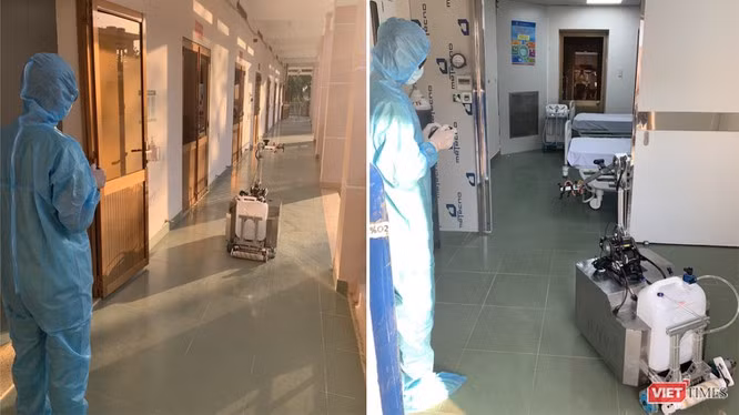 BV Dã chiến Củ Chi đá sử dụng robot khử khuẩn phòng cách ly thay nhân viên y tế giảm nguy cơ lây nhiễm COVID-19 (Ảnh: Hòa Bình ghép)