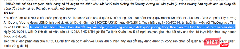 Theo lãnh đạo Bình Định, Tư lệnh Quân khu 5 từng thông báo khu đất K200 vẫn tiếp tục sử dụng cho mục đích quốc phòng nhưng... Theo lãnh đạo Bình Định, Tư lệnh Quân khu 5 từng thông báo khu đất K200 vẫn tiếp tục sử dụng cho mục đích quốc phòng nhưng...