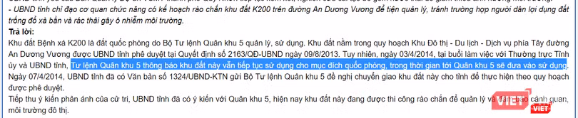 Theo lãnh đạo Bình Định, Tư lệnh Quân khu 5 từng thông báo khu đất K200 vẫn tiếp tục sử dụng cho mục đích quốc phòng nhưng...