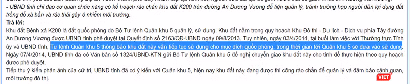 Theo lãnh đạo Bình Định, Tư lệnh Quân khu 5 từng thông báo khu đất K200 vẫn tiếp tục sử dụng cho mục đích quốc phòng nhưng...