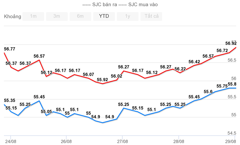 Biểu đồ giá vàng SJC giai đoạn 22/8 - 29/8/2020 (Đơn vị: triệu đồng/lượng - Nguồn: tygia.vn)