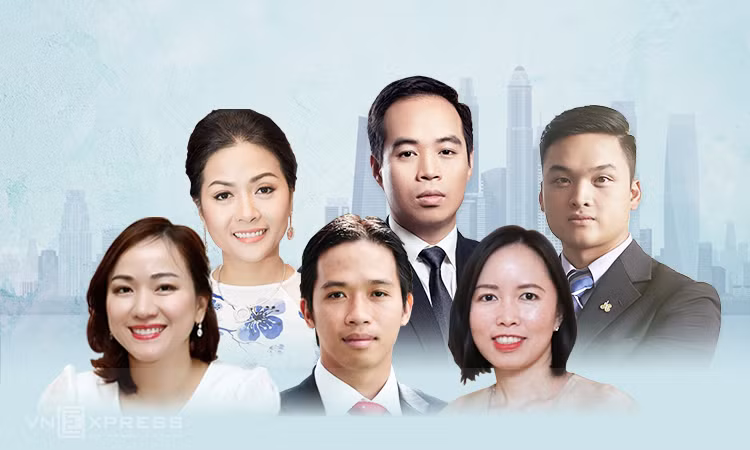 Từ trái qua phải, bà Lê Thu Thủy (SeaBank), bà Trần Uyên Phương (Tân Hiệp Phát), ông Nguyễn Ngọc Thái Bình (REE), Đoàn Quốc Huy (BIM), bà Trần Ngọc Phương Thảo (PNJ) và ông Lê Viết Hiếu (HBC). Đồ họa: Tạ Lư.