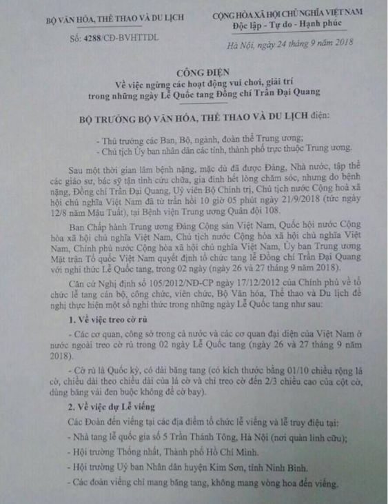 Trích Công điện số 4288/CĐ-BVHTTDL. (Nguồn: Bộ Văn hóa, Thể thao và Du lịch)