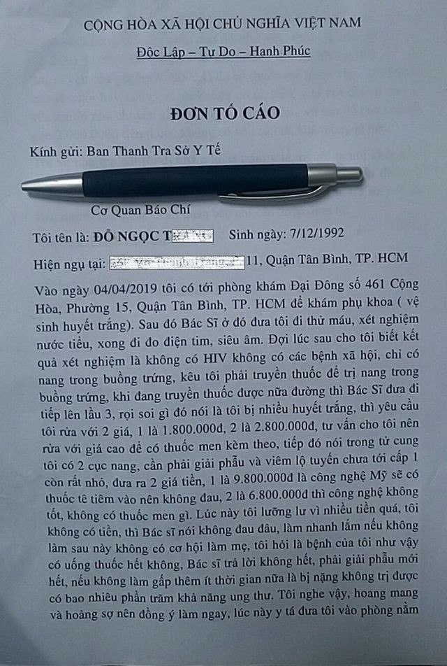Đơn tố cáo của nữ bệnh nhân Đỗ Ngọc Tr. Đơn tố cáo của nữ bệnh nhân Đỗ Ngọc Tr.