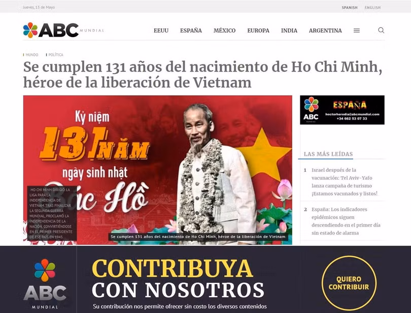 Ảnh chụp màn hình bài viết về Chủ tịch Hồ Chí Minh trên trang ABC Mundial