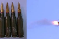 Đạn "Mnogotochie" chuyên dụng chống FPV và hình ảnh một chiếc FPV trúng đạn. Ảnh: Wforum.