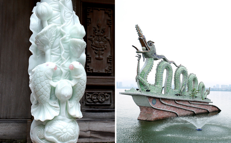 Đôi cá chép trắng ngậm ngọc trong chùa Vạn Niên và đôi rồng chầu bên Hồ Tây