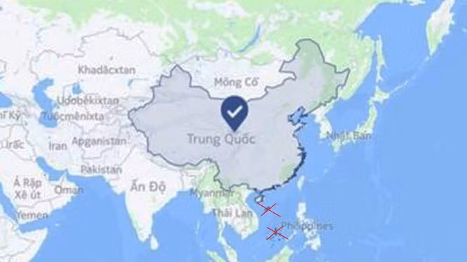 Ảnh chụp màn hình bản đồ của Facebook xác định cả Hoàng Sa, Trường Sa khi chọn vị trí "Trung Quốc" (ảnh chụp ngày 1/7/2018).