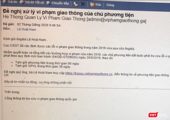 Nội dung thư điện tử của các đối tượng lừa đảo trên địa bàn Lạng Sơn. Ảnh: Cục CSGT - Bộ Công an.