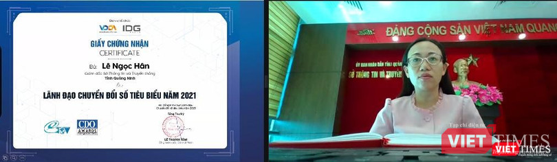 Bà Lê Ngọc Hân – Giám đốc Sở Thông tin và Truyền thông tỉnh Quảng Ninh – bày tỏ sự xúc động khi được vinh danh Lãnh đạo Chuyển đổi số tiêu biểu.