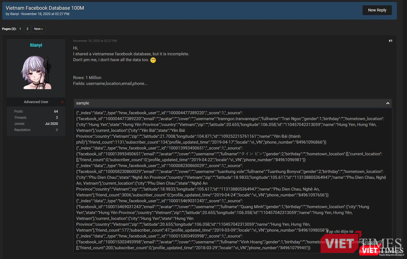 Thông tin được cho là dữ liệu cá nhân của người dùng Facebook Việt Nam được rao trên diễn đàn. Thông tin được cho là dữ liệu cá nhân của người dùng Facebook Việt Nam được rao trên diễn đàn.