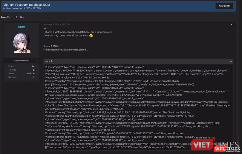 Thông tin được cho là dữ liệu cá nhân của người dùng Facebook Việt Nam được rao trên diễn đàn.