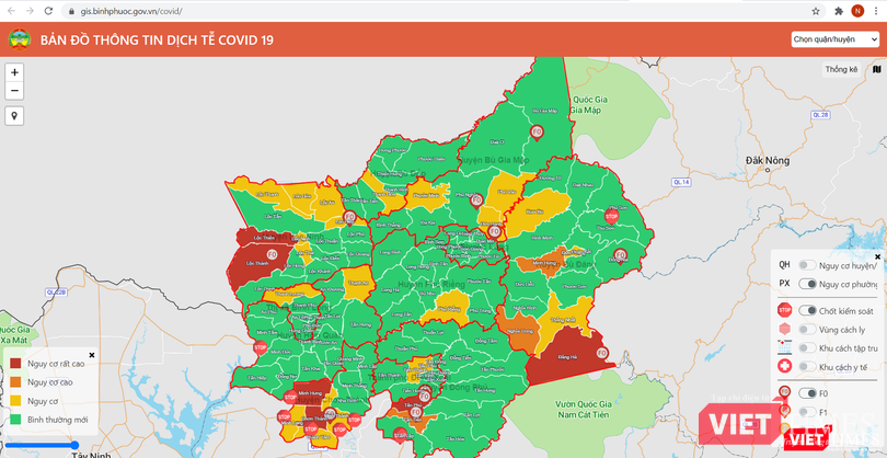 Bản đồ thông tin dịch tễ COVID-19 của tỉnh Bình Phước.