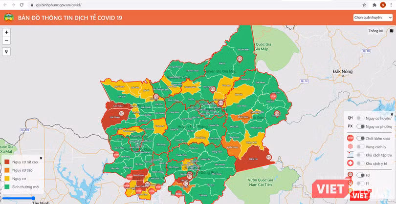Bản đồ thông tin dịch tễ COVID-19 của tỉnh Bình Phước.
